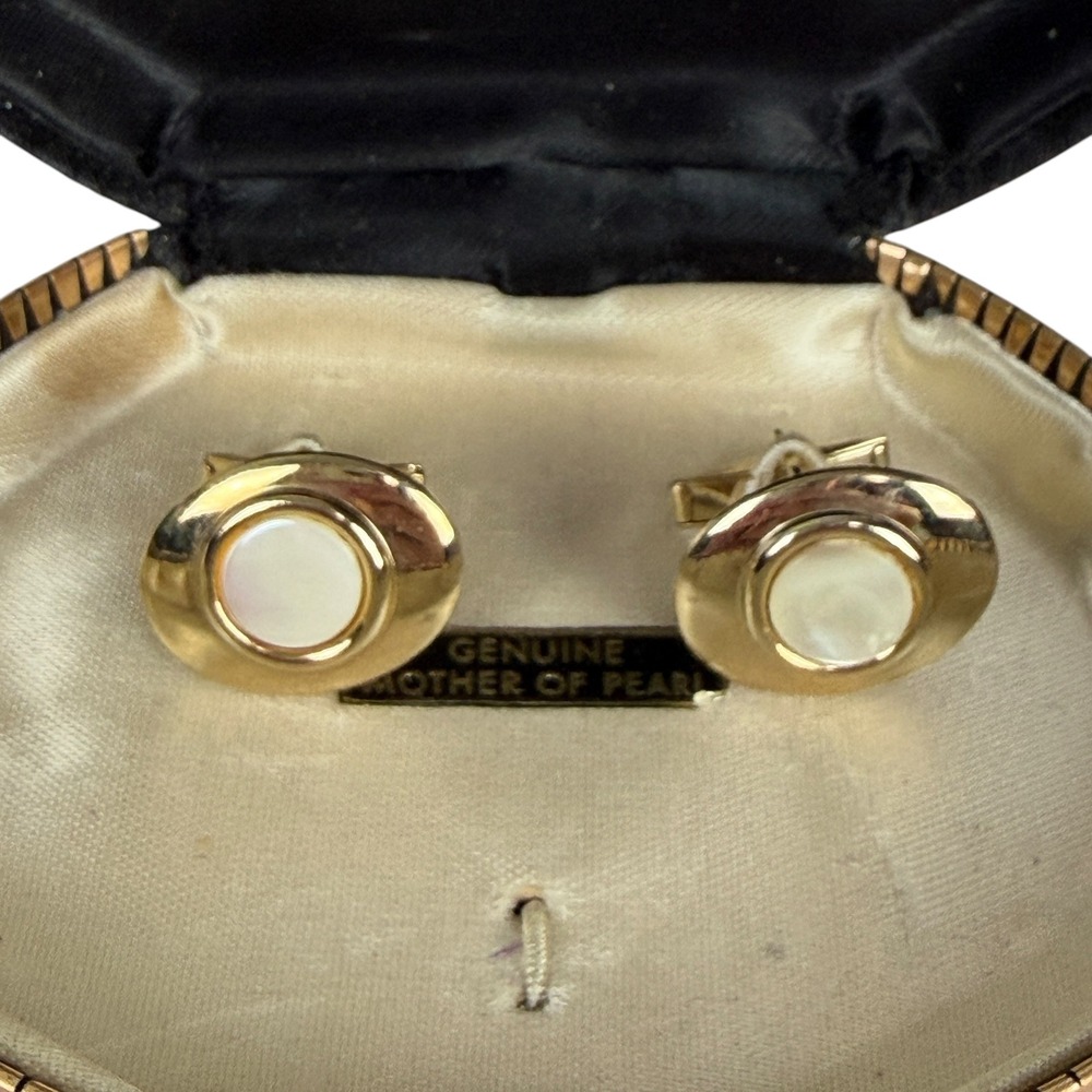 Saxon Vintage Mens Gold Tone Genuine Mother of Pearl Oval Cufflinks with Box